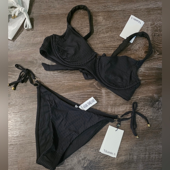 NEW Vitamin A black Ribbed Bikini Set Size 10/L Striped NWT $220